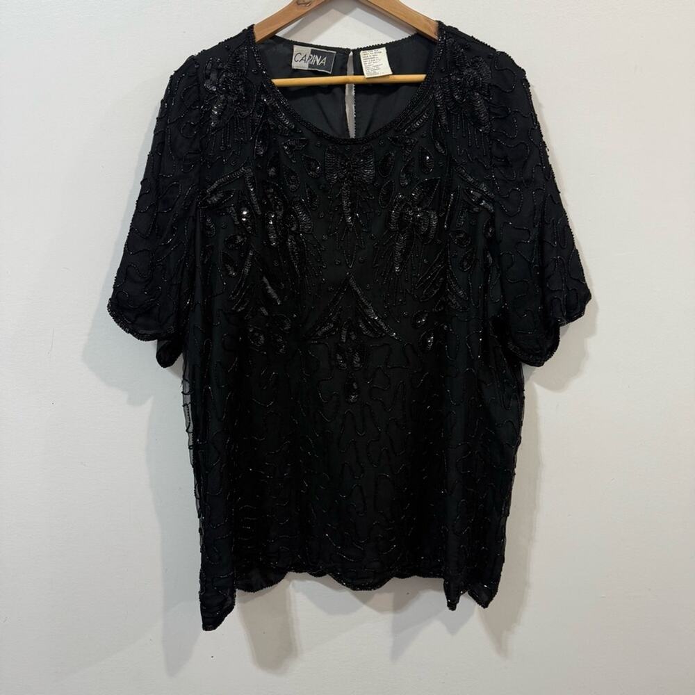 Carina Vintage Black Silk Sequin Beaded Evening Blouse Size XL Modest Glam Party